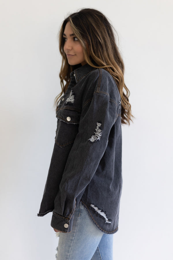 Here To Be Happy Denim Shacket - Black