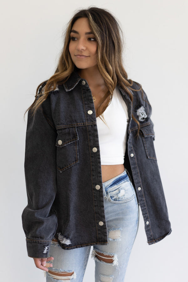 Here To Be Happy Denim Shacket - Black