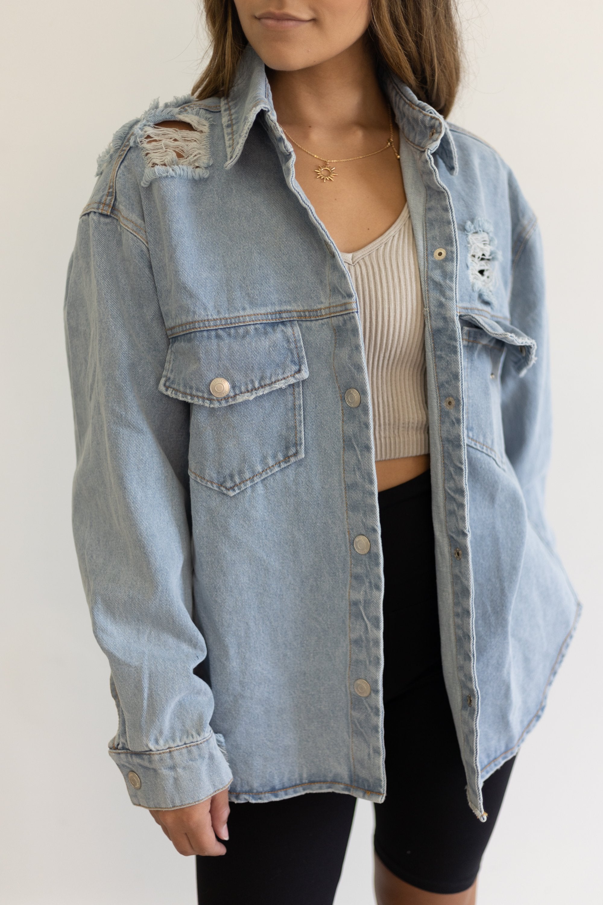 Here To Be Happy Denim Shacket - Light Wash