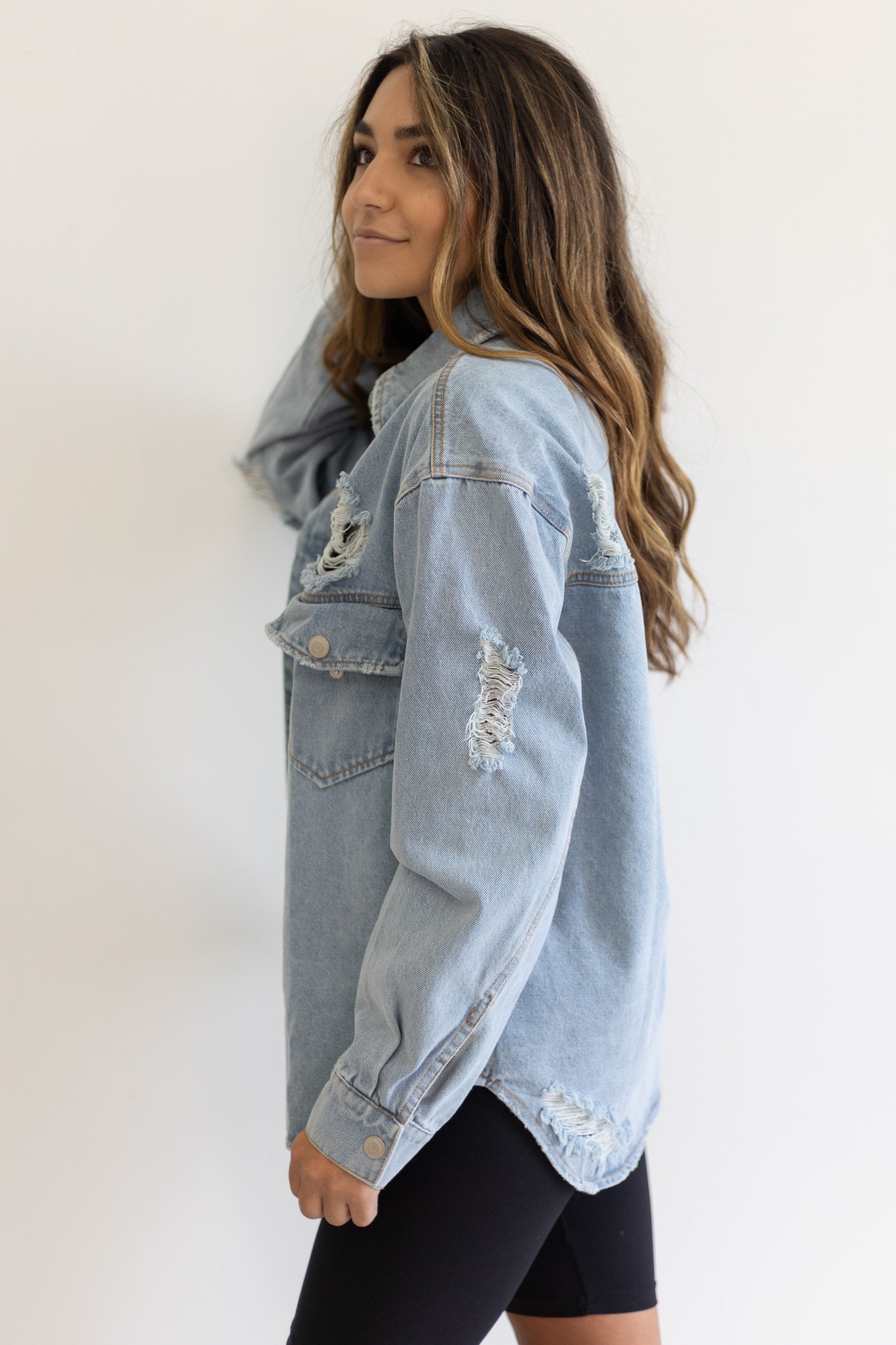 Here To Be Happy Denim Shacket - Light Wash