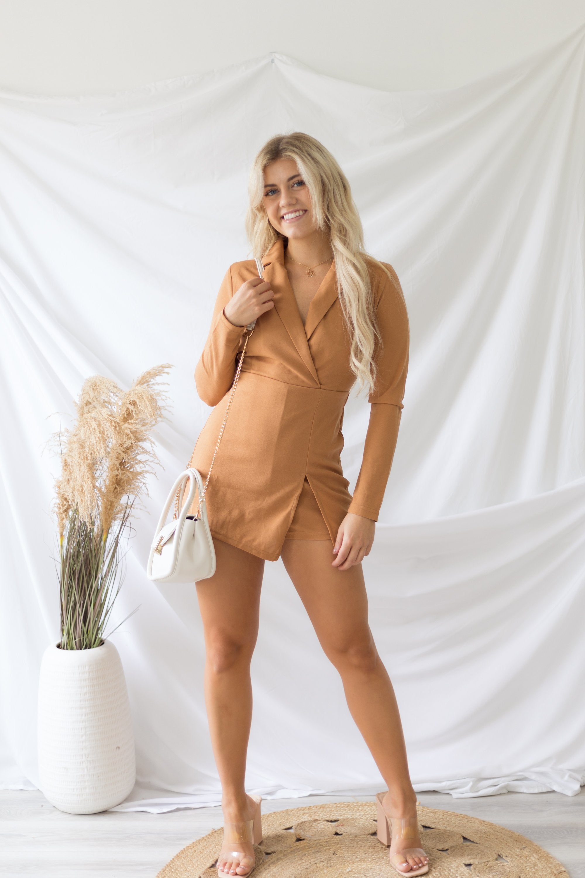 Making Headlines Romper - Camel